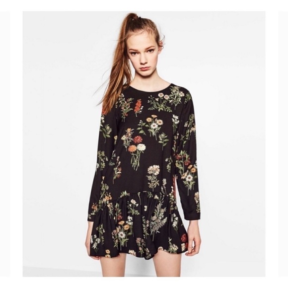 Zara Black Floral Apothecary Ruffle Hem Long Sleeve Mini Dress S - Picture 1 of 6